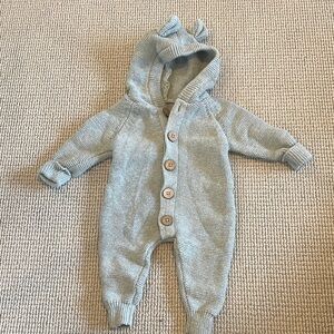 Jamie Kay Gray Blue Knit Bear Hooded Baby Onesie 0-3 M